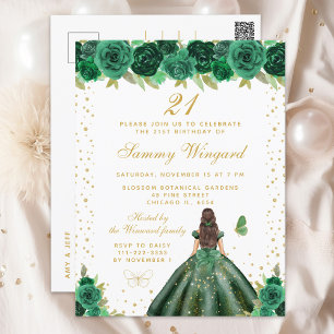 Green Floral Brunette Hair Princess Birthday Party Postcard