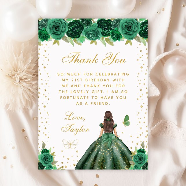 Green Floral Brunette Hair Princess Birthday Party Thank You Card (Creator Uploaded)