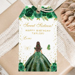 Green Floral Brunette Hair Princess Sweet Sixteen Gift Tags<br><div class="desc">This elegant and glamourous sweet sixteen birthday gift tag can be personalised with a name. The design features a beautiful princess with brunette hair and fair skin in a green ball gown. The text combines handwritten script and modern sans serif fonts for a classy and sophisticated look. The floral arrangements,...</div>