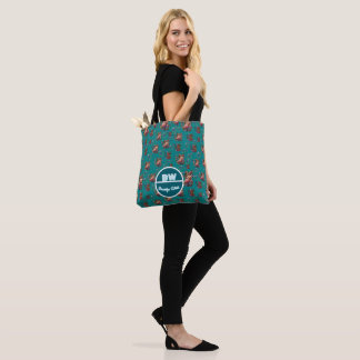 Green Floral Cat Pattern Personalised Monogram Tote Bag