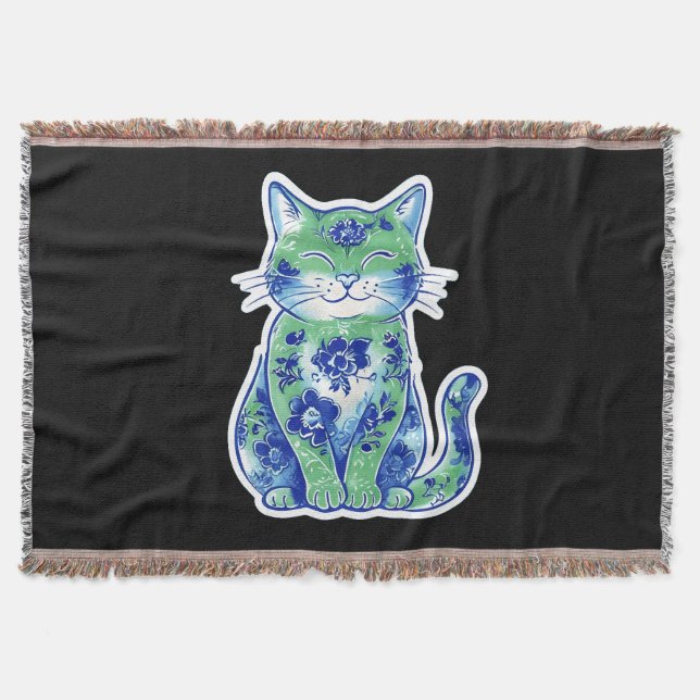 Green Floral Cat  Throw Blanket (Front)