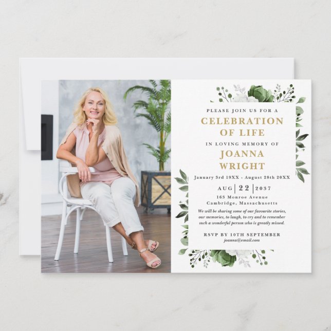 Green Floral Celebration Of Life Funeral Photo Invitation (Front)