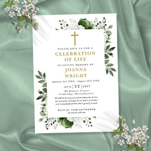 Green Floral Christian Celebration Of Life Funeral Invitation