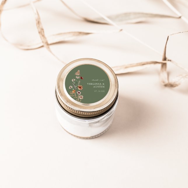 Green Floral Classic Round Sticker (Sage Green Floral Classic Round Sticker with Butterfly by Painted Paperie
)