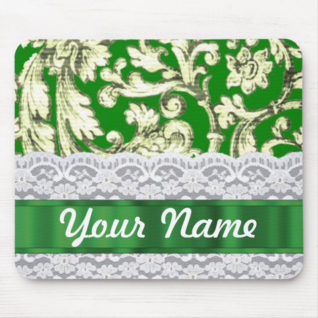 Green floral damask mouse pad (Front)