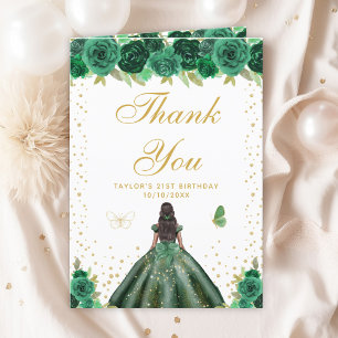 Green Floral Dark Skin Girl Birthday Party Thank You Card