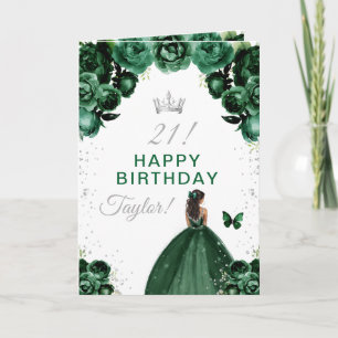 Green Floral Dark Skin Girl Happy Birthday Card
