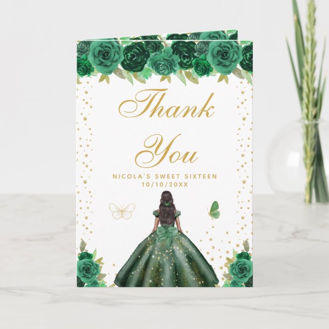 Green Floral Dark Skin Girl Sweet Sixteen Thank You Card (Front)