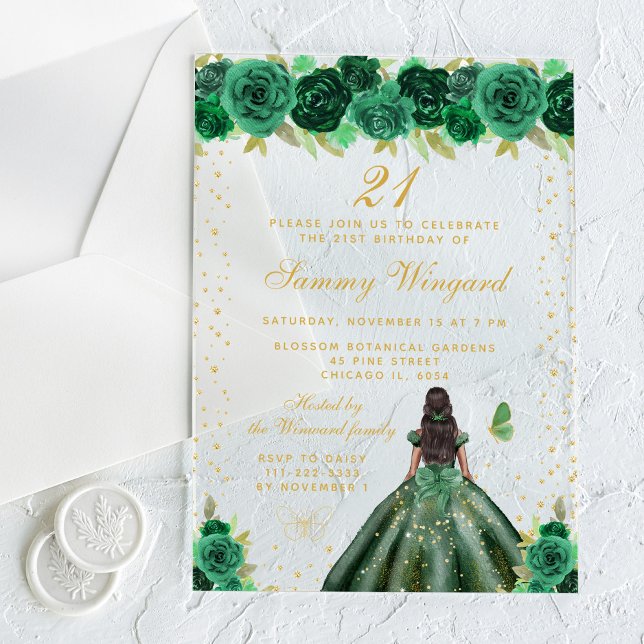 Green Floral Dark Skin Princess Birthday Party Acrylic Invitations (Creator Uploaded)