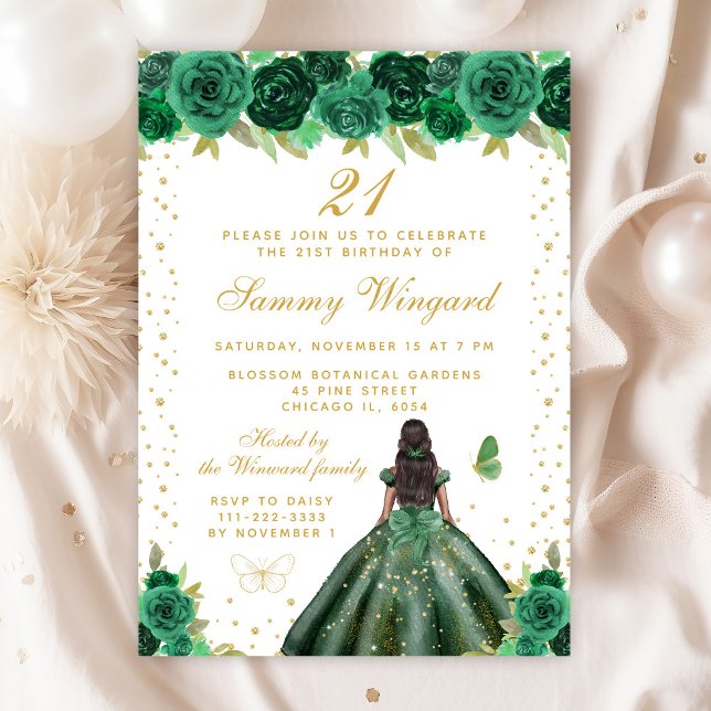 Green Floral Dark Skin Princess Birthday Party Invitation (Creator Uploaded)