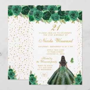 Green Floral Dark Skin Princess Birthday Party Invitation