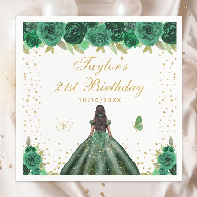 Green Floral Dark Skin Princess Birthday Party Napkin (Creator Uploaded)