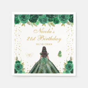 Green Floral Dark Skin Princess Birthday Party Napkin