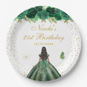 Green Floral Dark Skin Princess Birthday Party Paper Plate