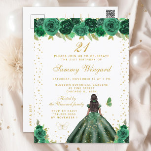 Green Floral Dark Skin Princess Birthday Party Postcard