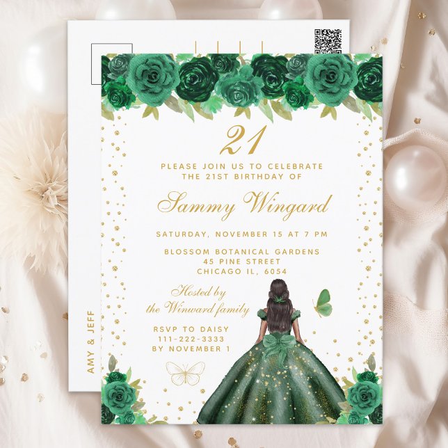 Green Floral Dark Skin Princess Birthday Party Postcard (Creator Uploaded)