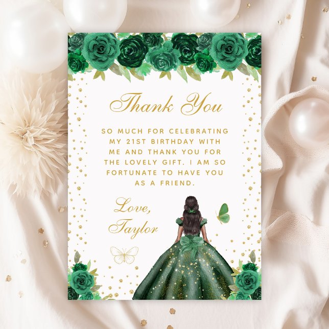 Green Floral Dark Skin Princess Birthday Party Thank You Card (Creator Uploaded)