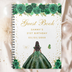 Green Floral Dark Skin Princess Guest Book