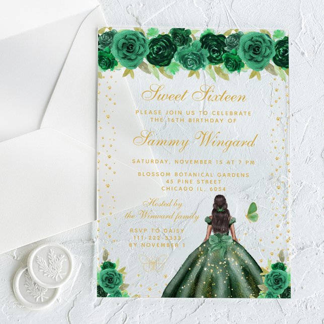 Green Floral Dark Skin Princess Sweet Sixteen Acrylic Invitations (Creator Uploaded)