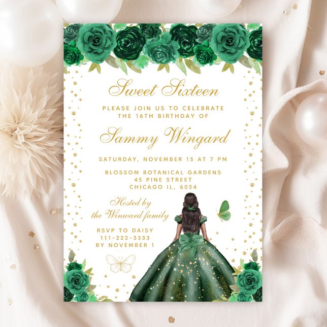 Green Floral Dark Skin Princess Sweet Sixteen Invitation (Creator Uploaded)