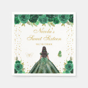 Green Floral Dark Skin Princess Sweet Sixteen Napkin