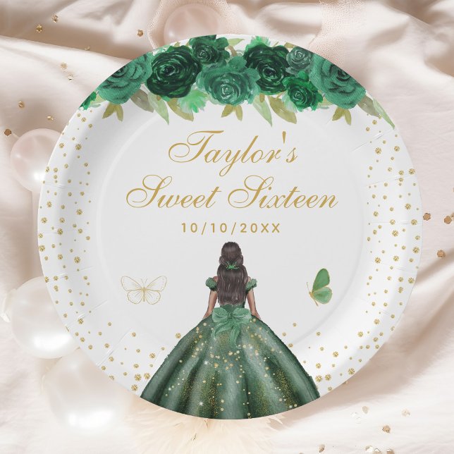 Green Floral Dark Skin Princess Sweet Sixteen Paper Plate (Creator Uploaded)
