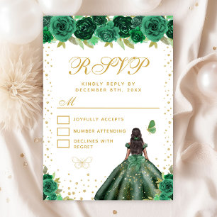 Green Floral Dark Skin Princess Sweet Sixteen RSVP Card