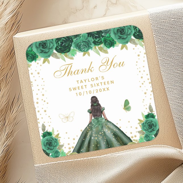 Green Floral Dark Skin Princess Sweet Sixteen Square Sticker (Creator Uploaded)