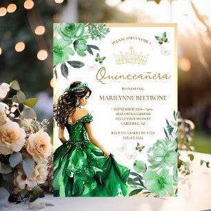 Green Floral Dress Butterfly Quinceañera  Invitation