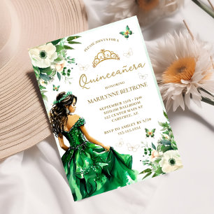 Green Floral Dress Butterfly Quinceañera  Invitation