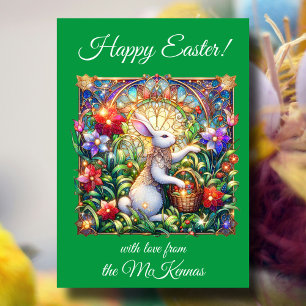 Green Floral Easter Rabbit Stained Glass  Holiday Card