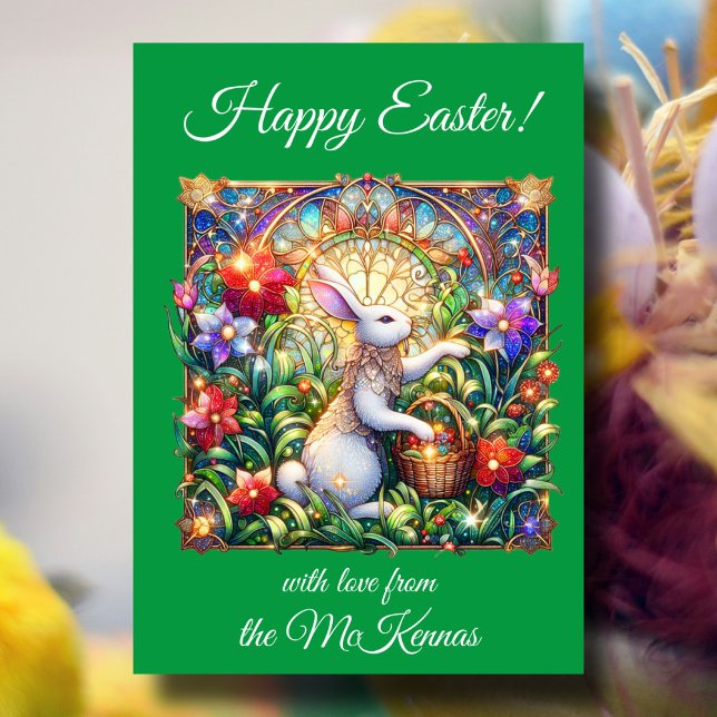 Green Floral Easter Rabbit Stained Glass  Holiday Card (Creator Uploaded)