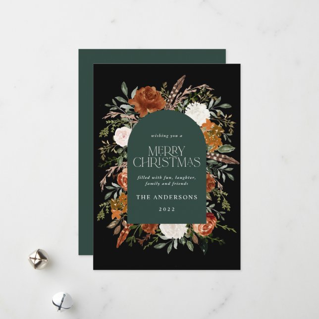Green floral elegant botanical elegant arch holiday card (Front/Back In Situ)