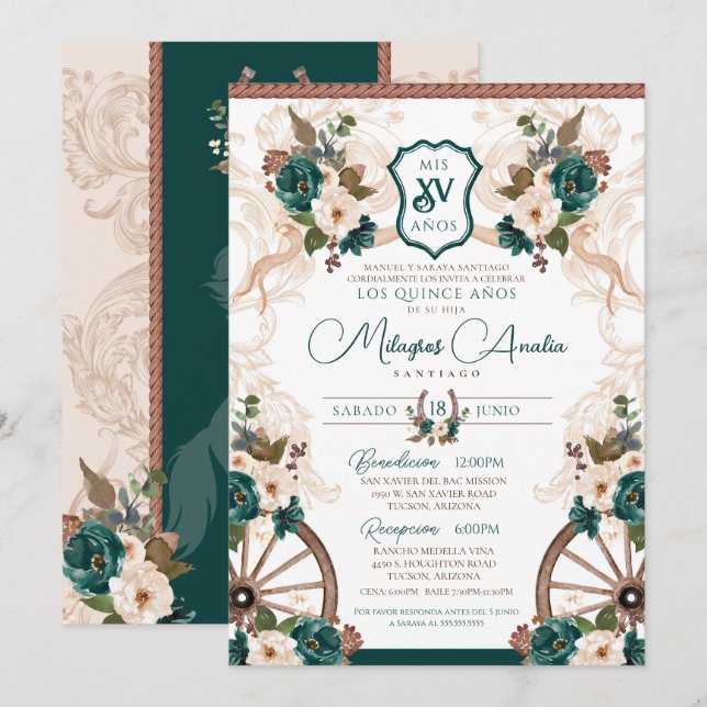Green Floral Elegant Charro Western Quinceanera Invitation (Front/Back)