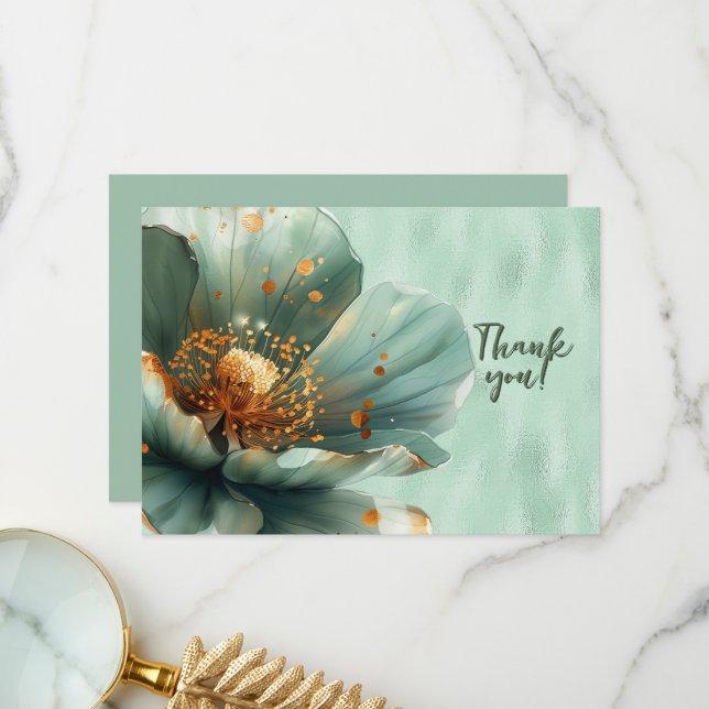 Green Floral Enlarged on Shiny Green Thank You (Front/Back In Situ)