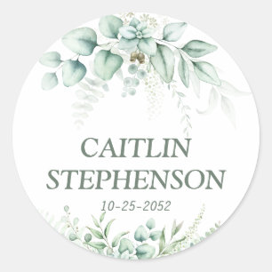 green floral Eucalyptus watercolor Wedding  Classic Round Sticker