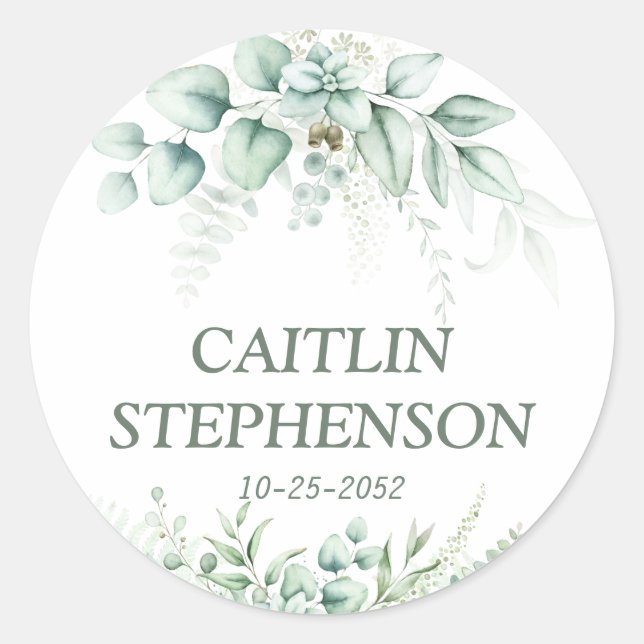 green floral Eucalyptus watercolor Wedding  Classic Round Sticker (Front)