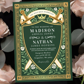 Green Floral Fantasy Sword Shield Monogram Wedding Invitation