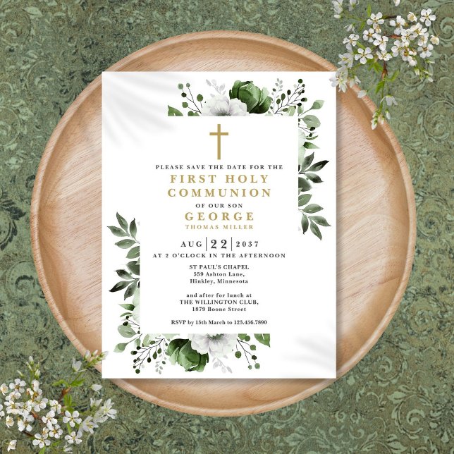 Green Floral First Holy Communion Save The Date Postcard (Green Floral First Holy Communion Save The Date Postcard)