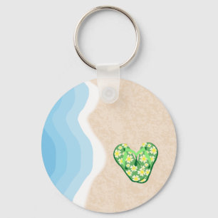 Green Floral Flip-Flops on the Beach Keychain