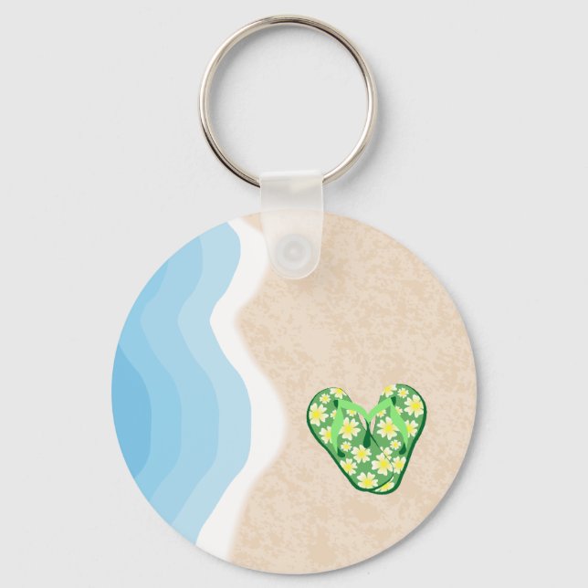 Green Floral Flip-Flops on the Beach Keychain (Front)