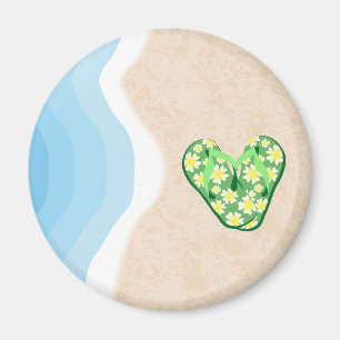 Green Floral Flip Flops on the Beach Magnet