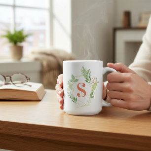 Green Floral Geometric Frame Monogram Coffee Mug