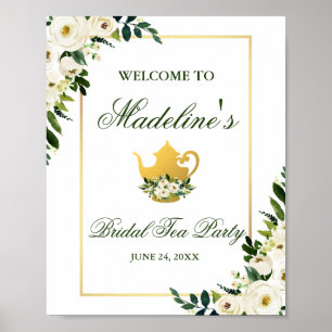 Green Floral Gold Bridal Shower Tea Party Welcome Poster