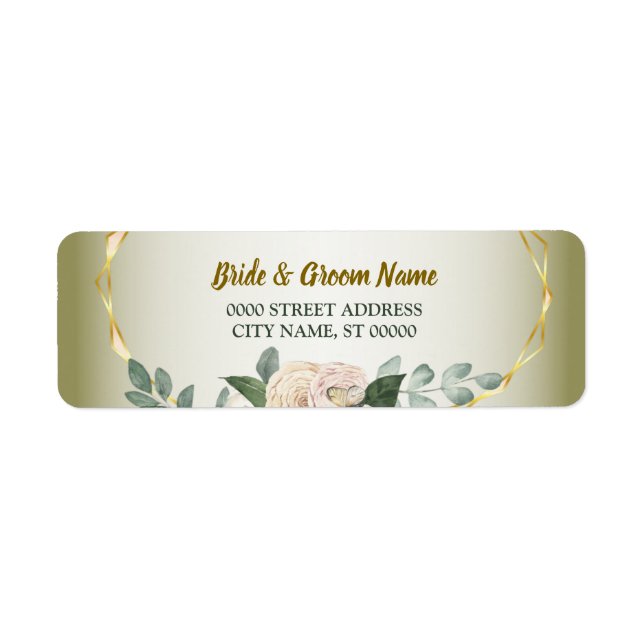 Green Floral Gold Geometric Wedding Return Address Label (Front)