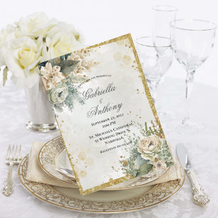 Green Floral Gold Wedding Invitation