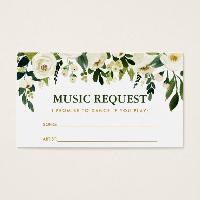 Green Floral Gold Wedding Music Song Request Card (Front)