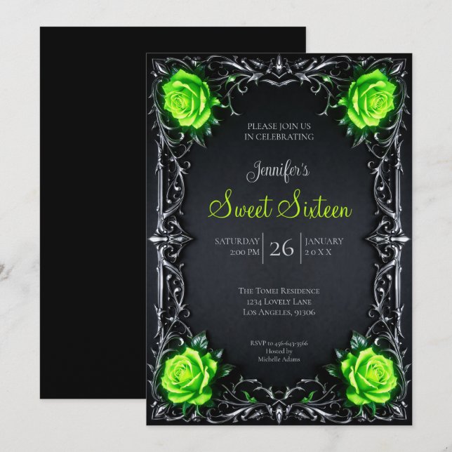 Green Floral Gothic Sweet 16 Invitation (Front/Back)