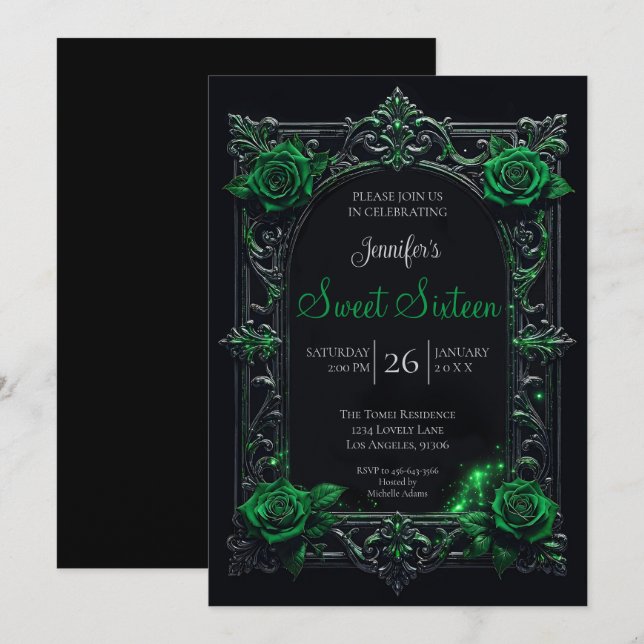 Green Floral Gothic Sweet 16 Invitation (Front/Back)