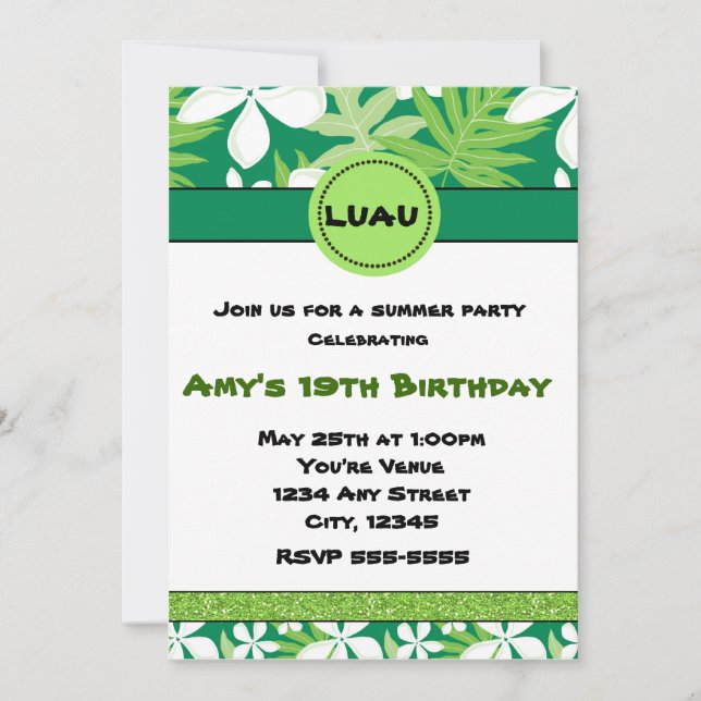 Green Floral Hawaiian Plumeria Summer Invitation (Front)